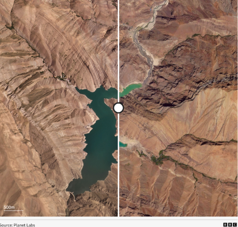 صورة ملتقطة بالقمر الاصطناعي ما بين عامَي 2016 و2025 توضّح انخفاض منسوب المياه في خزان سد أمير كبير
