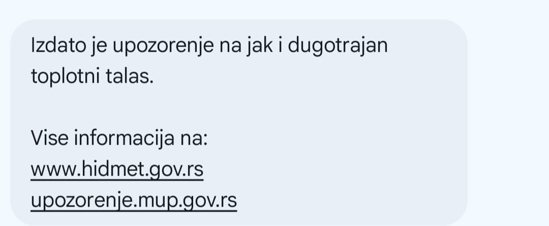 SMS poruka - izdato je upozorenje na jak i dugotrajni toplotni talas 