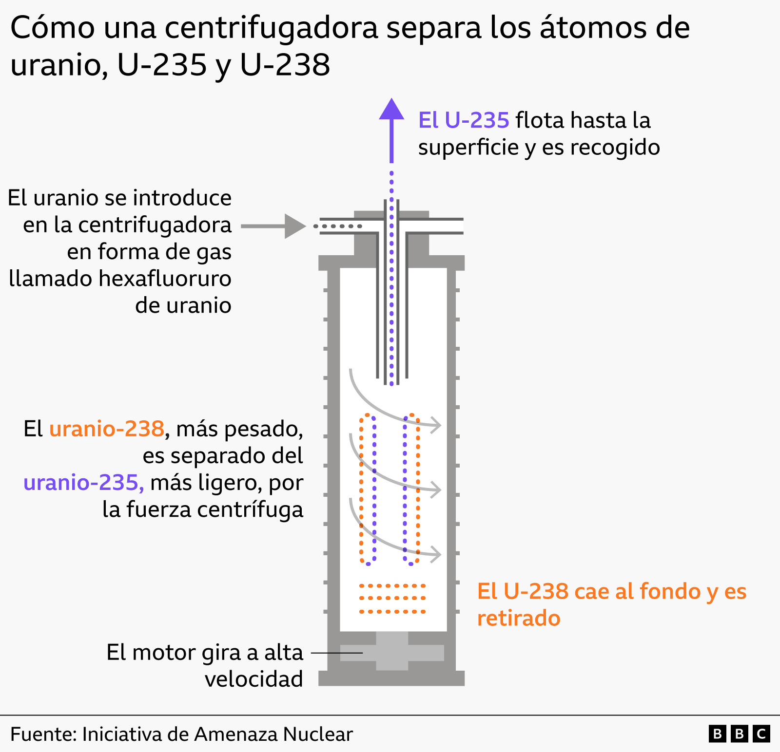 El gráfico muestra cómo funciona una centrifugadora para separar los diferentes isótopos de uranio.