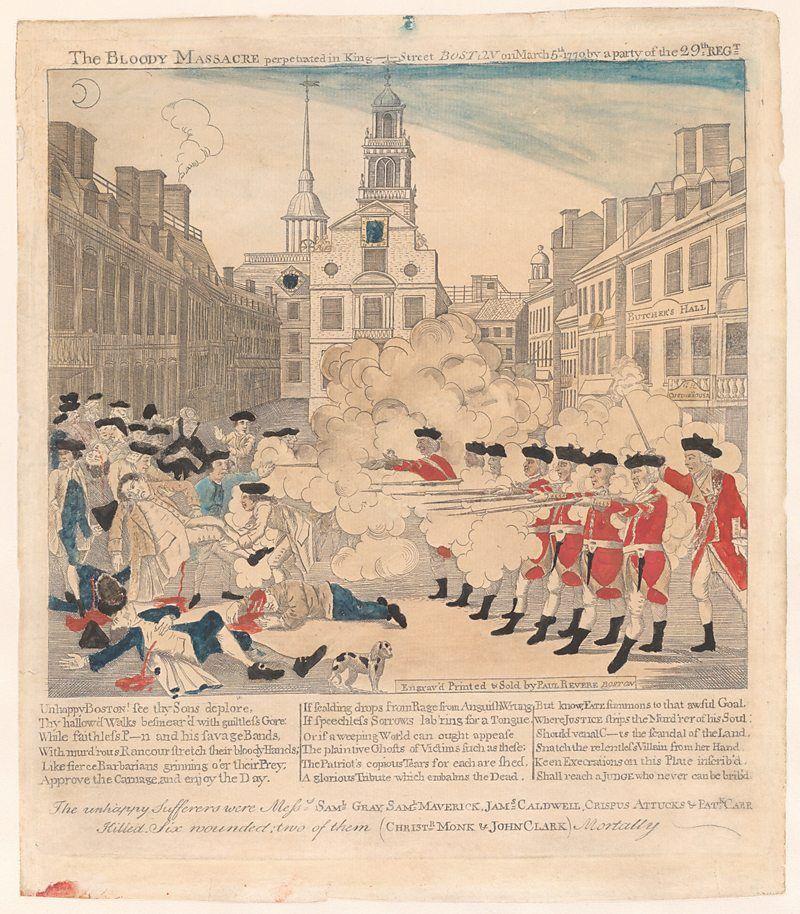 Ilustra&ccedil;&atilde;o de Paul Revere mostrando o epis&oacute;dio que ficou conhecido como o Massacre de Boston