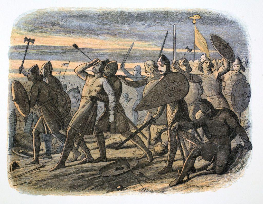 مقتل الملك هارولد في معركة هاستينغز عام 1066 (لوحة تعود لعام 1864)، وتقول الرواية الشائعة إن هارولد قُتل إثر إصابته بسهم في عينه