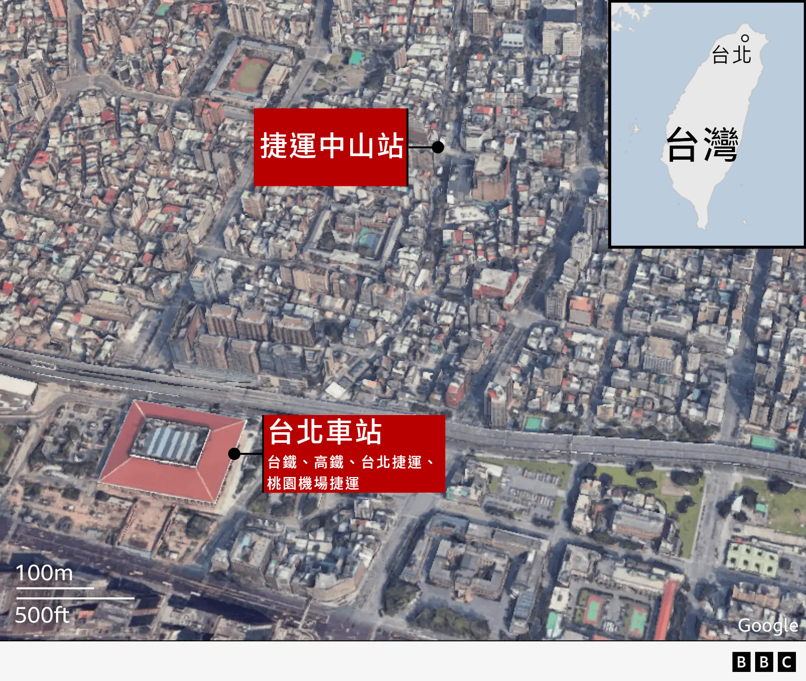 衛星地圖：台北車站與捷運中山站地理位置