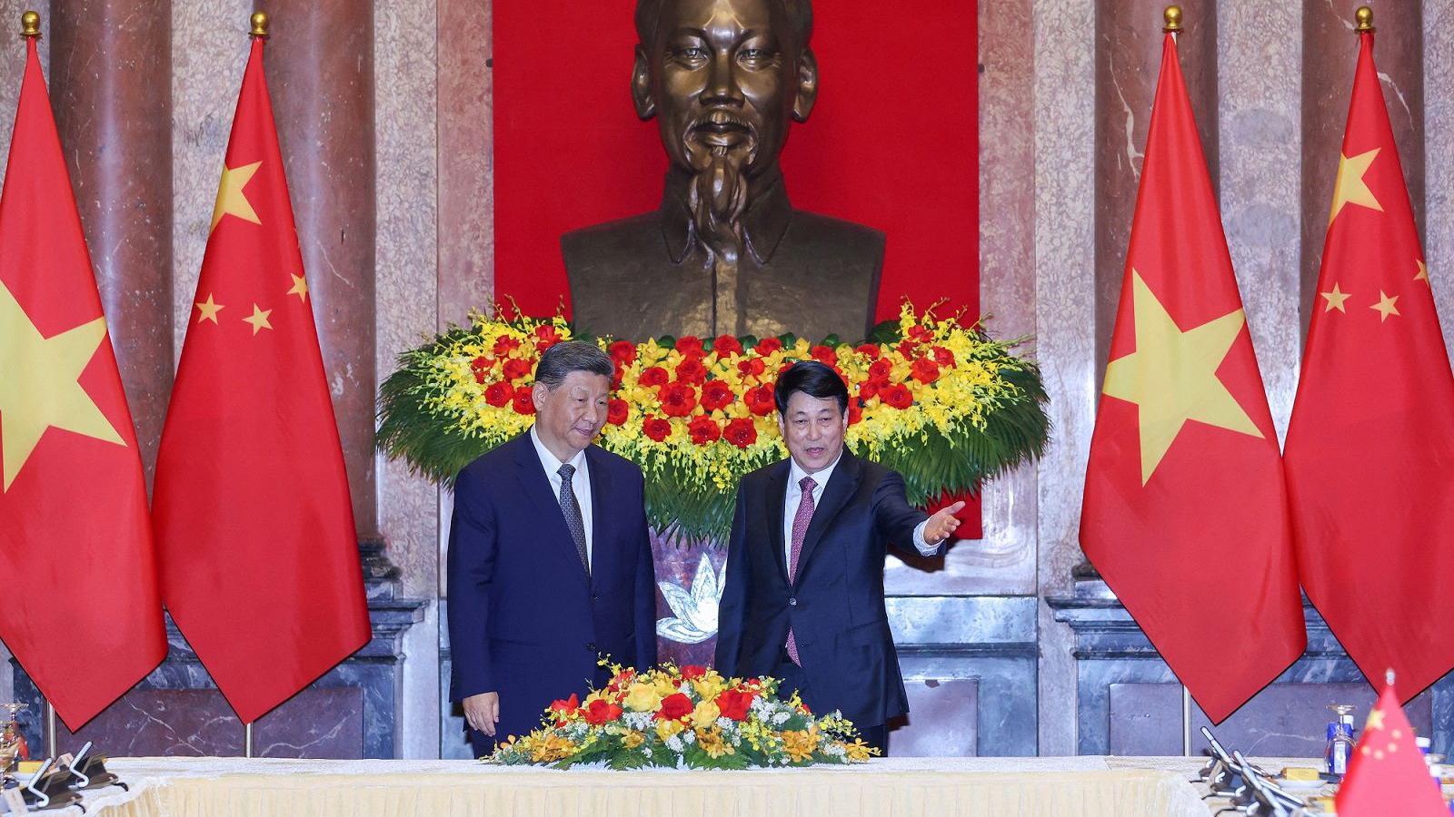 Pertemuan antara Presiden Vietnam Luong Cuong dan Presiden China Xi Jinping di Istana Kepresidenan, Hanoi, Vietnam, 15 April 2025.