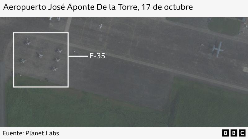 Imagen satelital de la pista del aeropuerto José Aponte De La Torre, en Puerto Rico. Un grupo de aviones en la parte superior izquierda ha sido resaltado y etiquetado como aviones de combate F-35 de EE. UU.