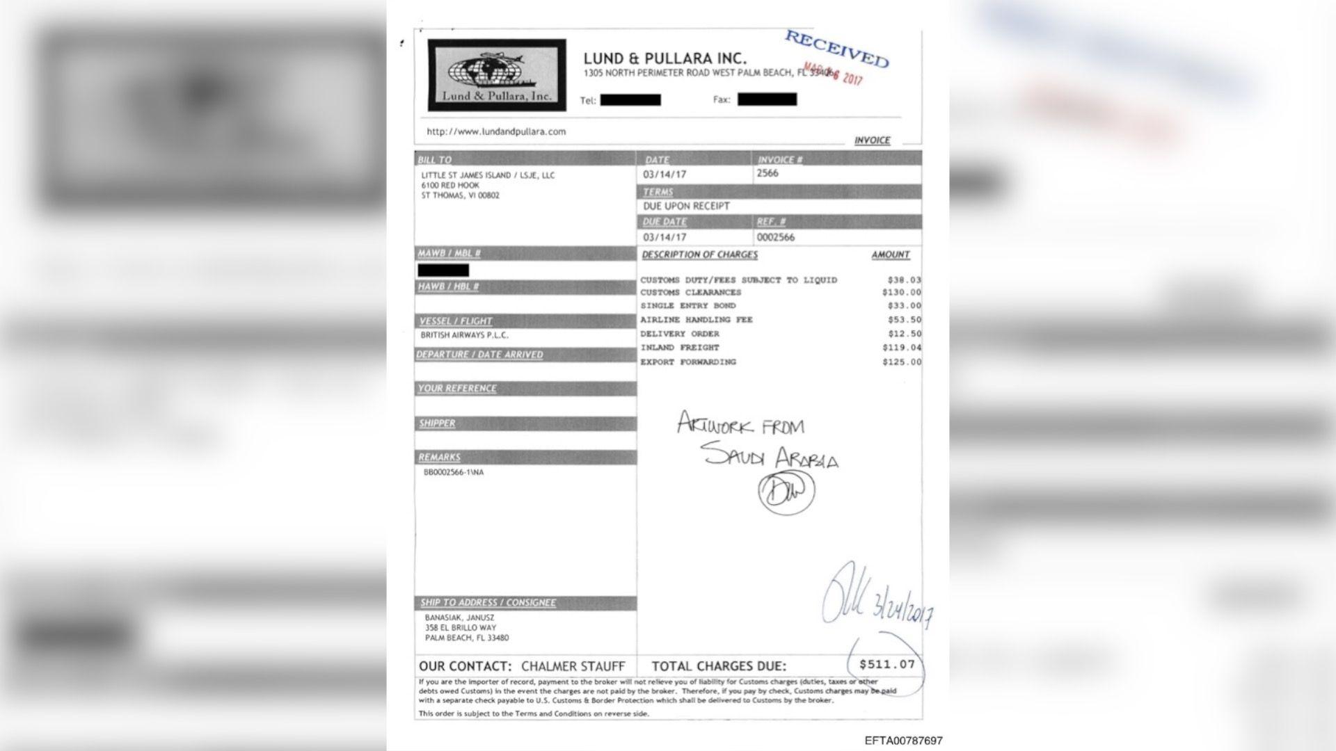 Faktura iz dosijea Ministarstva pravde SAD sa pečatom „Primljeno / 16. marta 2017.“ u gornjem desnom uglu i rukopisom napisanim rečima „Umetničko delo iz Saudijske Arabije“, adresa za naplatu je Litl Sent Džejms Ajland, a adresa za isporuku je Epstinova vila u Palm Biču na Floridi