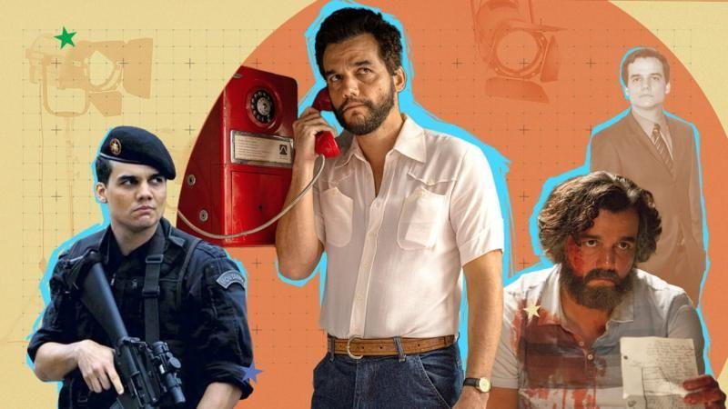 Ilustra&ccedil;&atilde;o mostra pap&eacute;is que marcaram a carreira de Wagner Moura: da esq. para dir., o capit&atilde;o Nascimento (Tropa de Elite), o professor Armando (O Agente Secreto), o narcotraficante Pablo Escopar (Narcos) e o executivo Olavinho (Para&iacute;so Tropical)
