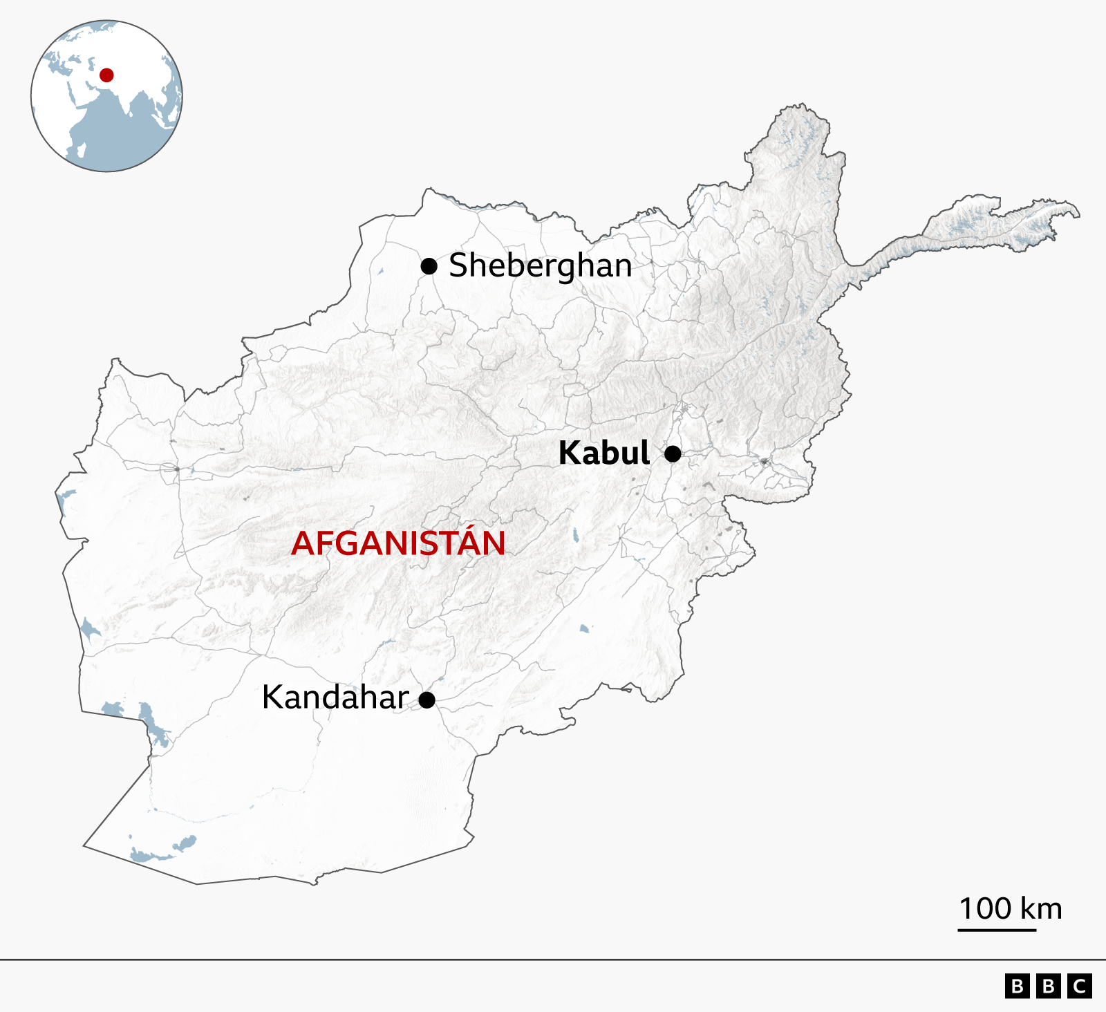 Mapa de Afganistán que muestra Sheberghan en el norte, la capital Kabul, al este del centro del país, y Kandahar en el sur.