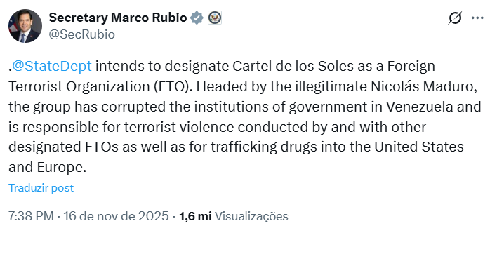 Captura de tela de postagem de Marco Rubio no X anunciando que seu país designará o Cartel de los Soles como uma Organização Terrorista Estrangeira e se referindo ao 