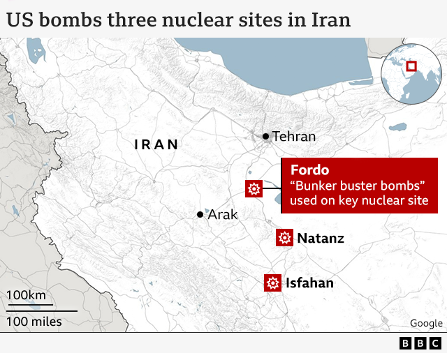 Map of Iran showing three locations hit by US bombs and missiles: Fordo; Natanz and Isfahan