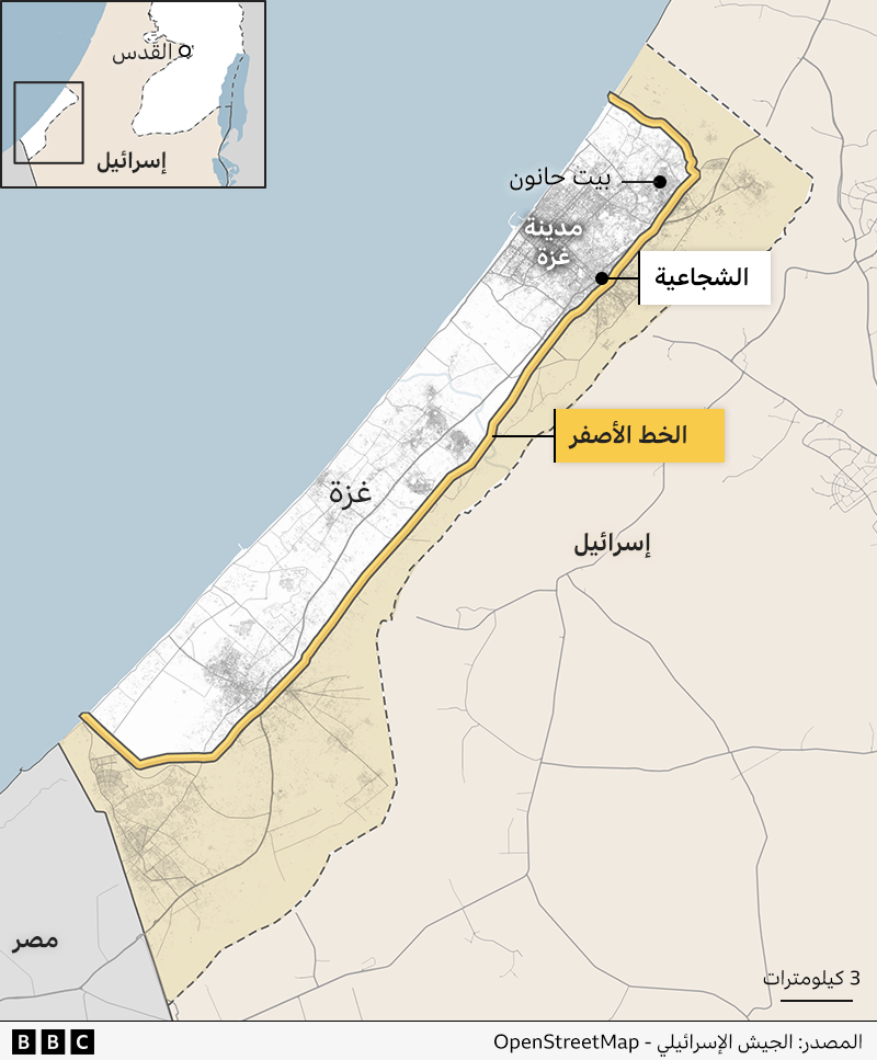 خريطة تظهر الخط الأصفر في قطاع غزة