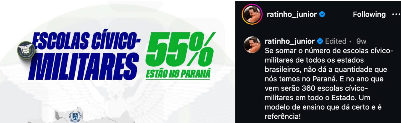 Publica&ccedil;&atilde;o do governador Ratinho J&uacute;nior no Instagram destaca escolas c&iacute;vico-militares no Paran&aacute;  