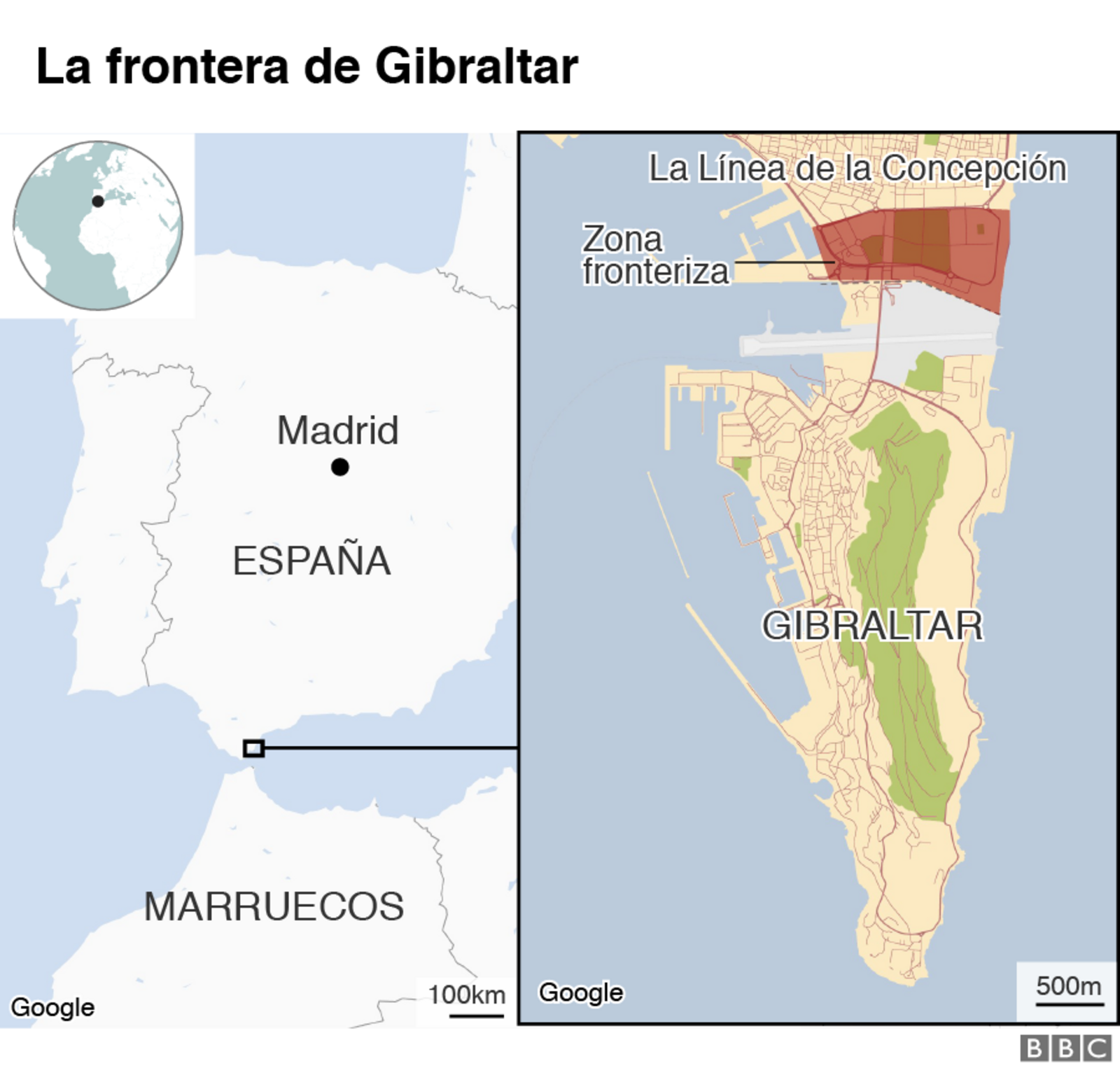 Mapa que muestra la frontera de Gibraltar