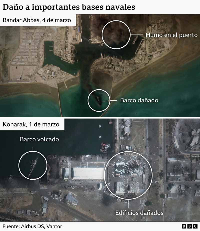 Una imagen de satélite que muestra los daños en las bases navales de Bandar Abbas y Konarak.