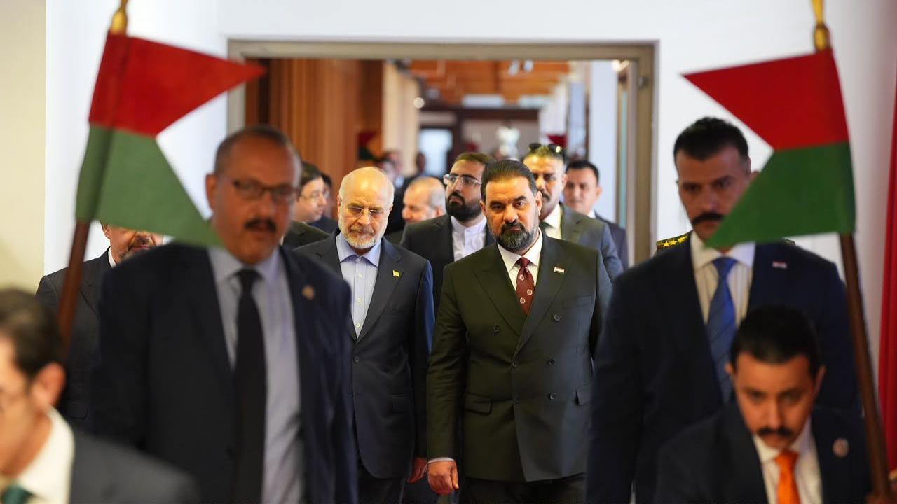 رئيس مجلس النواب العراقي هيبت الحلبوسي ورئيس مجلس الشورى الإيراني محمد باقر قاليباف
