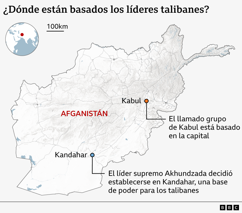 Mapa de Afganistán que muestra las ciudades de Kandahar y Kabul, y qué grupos de poder se basan allí
