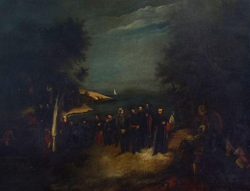 Pintura mostrando revolucionários desembarcando em praia