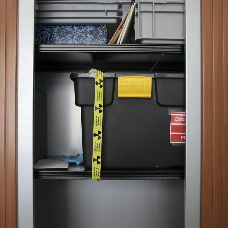 Caixa preta em uma prateleira. Em volta dela há uma fita amarela indicando perigo