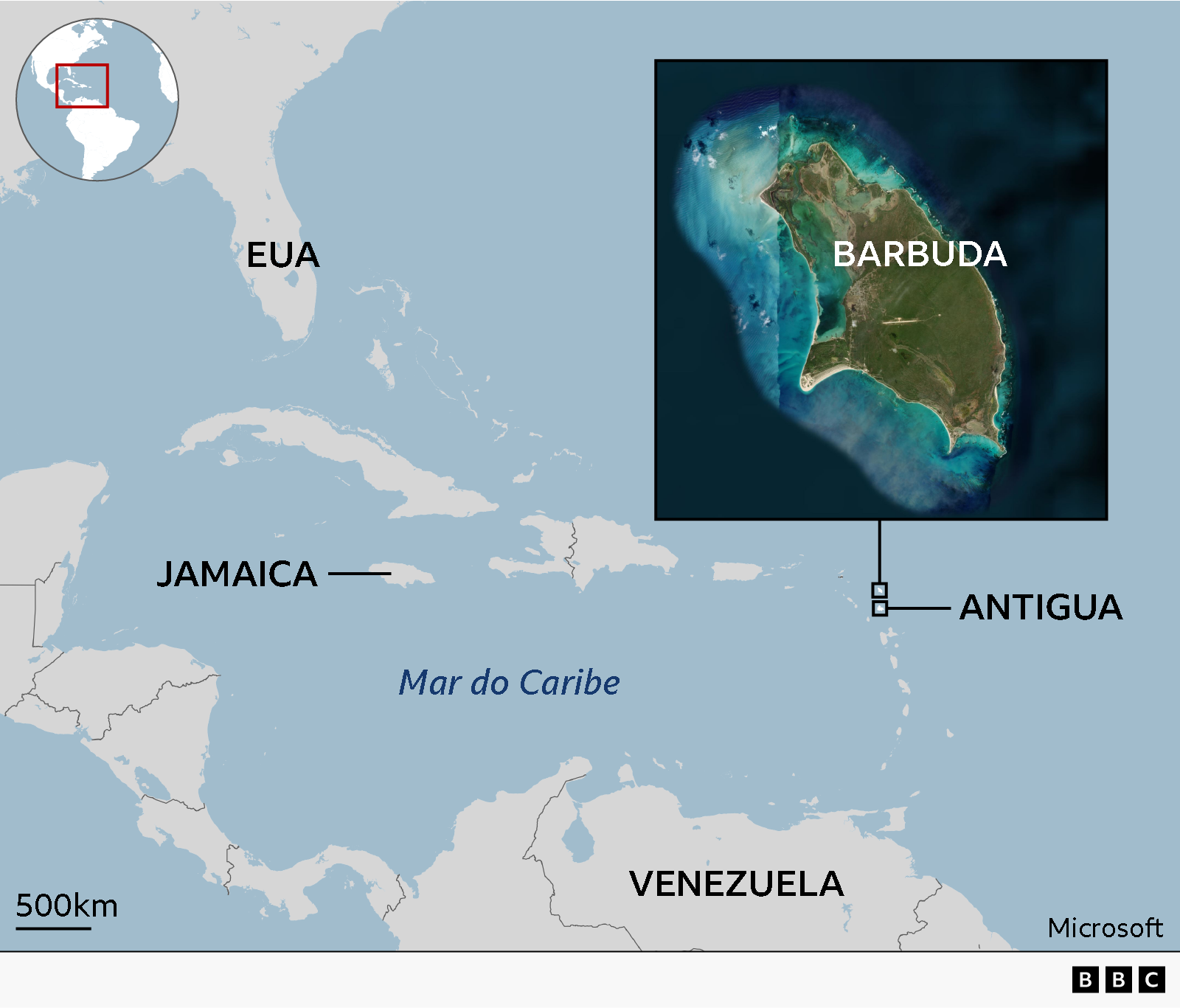 Mapa mostra a localiza&ccedil;&atilde;o da Jamaica e de Barbuda