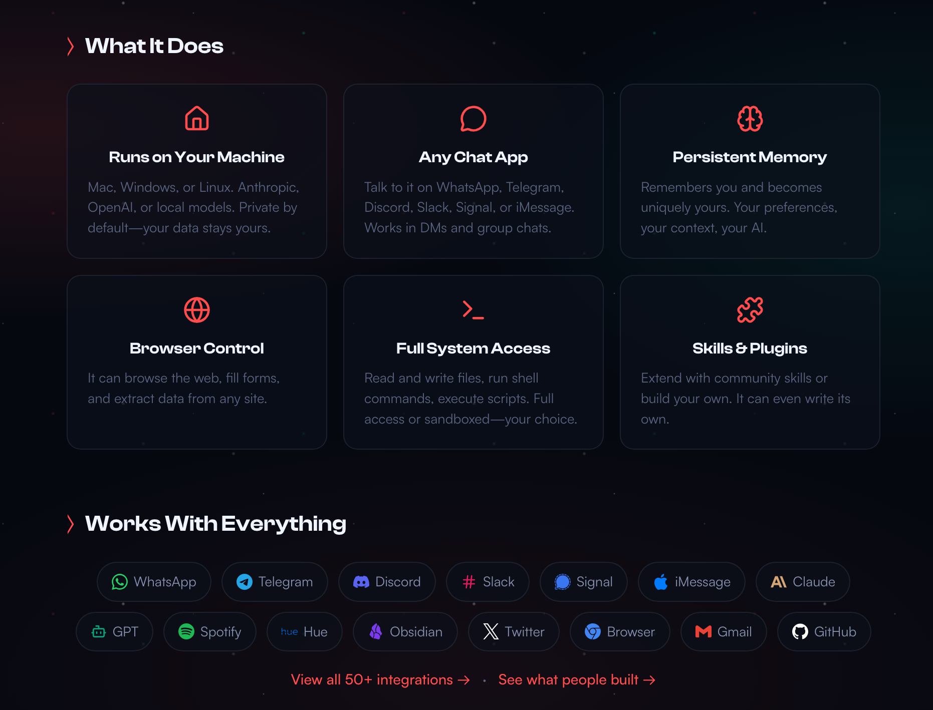 OpenClaw官網截圖顯示其功能，在裝置運作並獲得全取權根、連結通訊軟件、擁有長期記憶、可控制瀏覽器等。