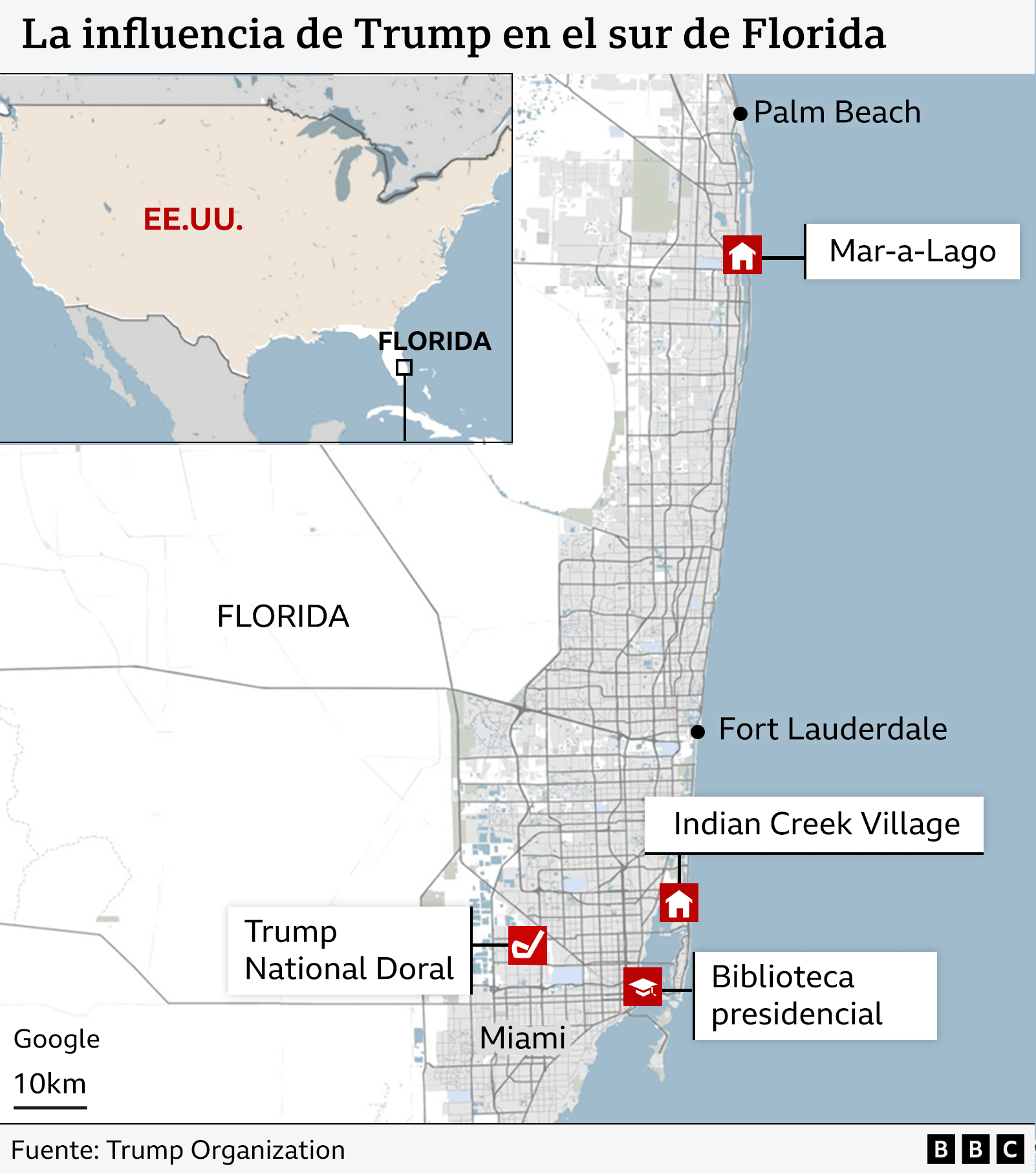 Mapa de Miami-Dade y Palm Beach, Florida. 