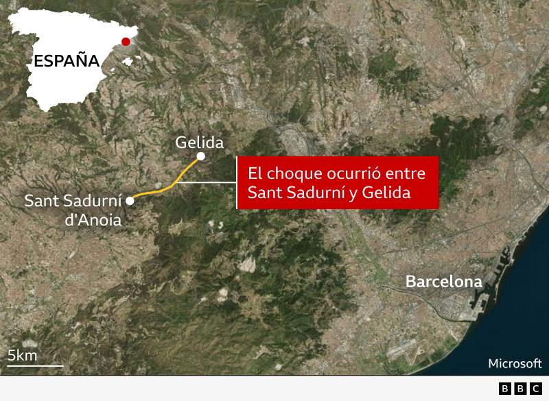 Mapa que muestra el lugar donde chocó el tren en la ruta entre Satn Sadurní y Gelina, en España