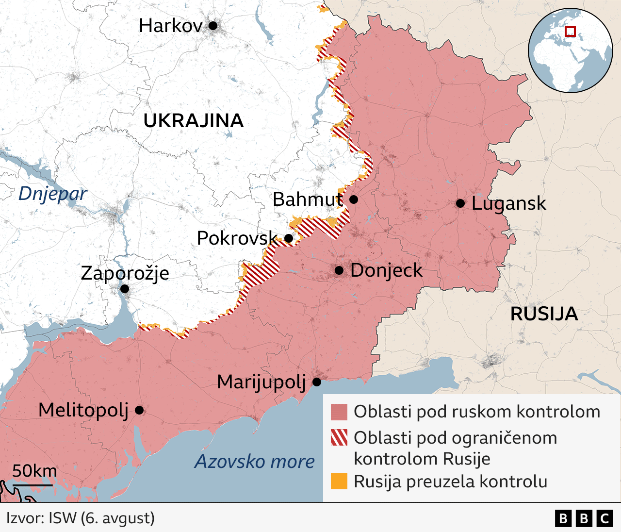 mapa Ukrajine sa teritorijama koje je osvojila Rusija