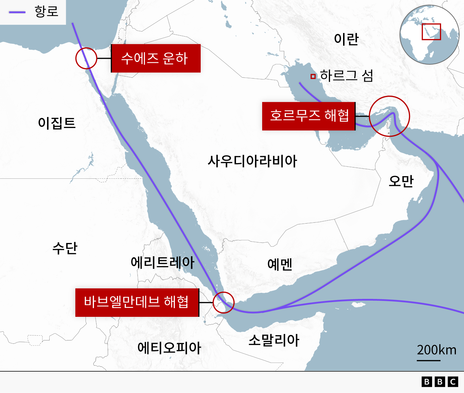 수에즈 운하, 바브엘만데브 해협, 호르무즈 해협을 표시한 지도