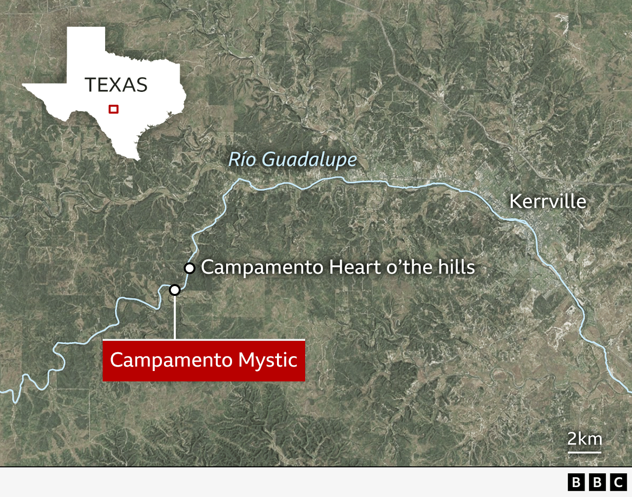 Mapa con la ubicación del campamento Camp Mystic