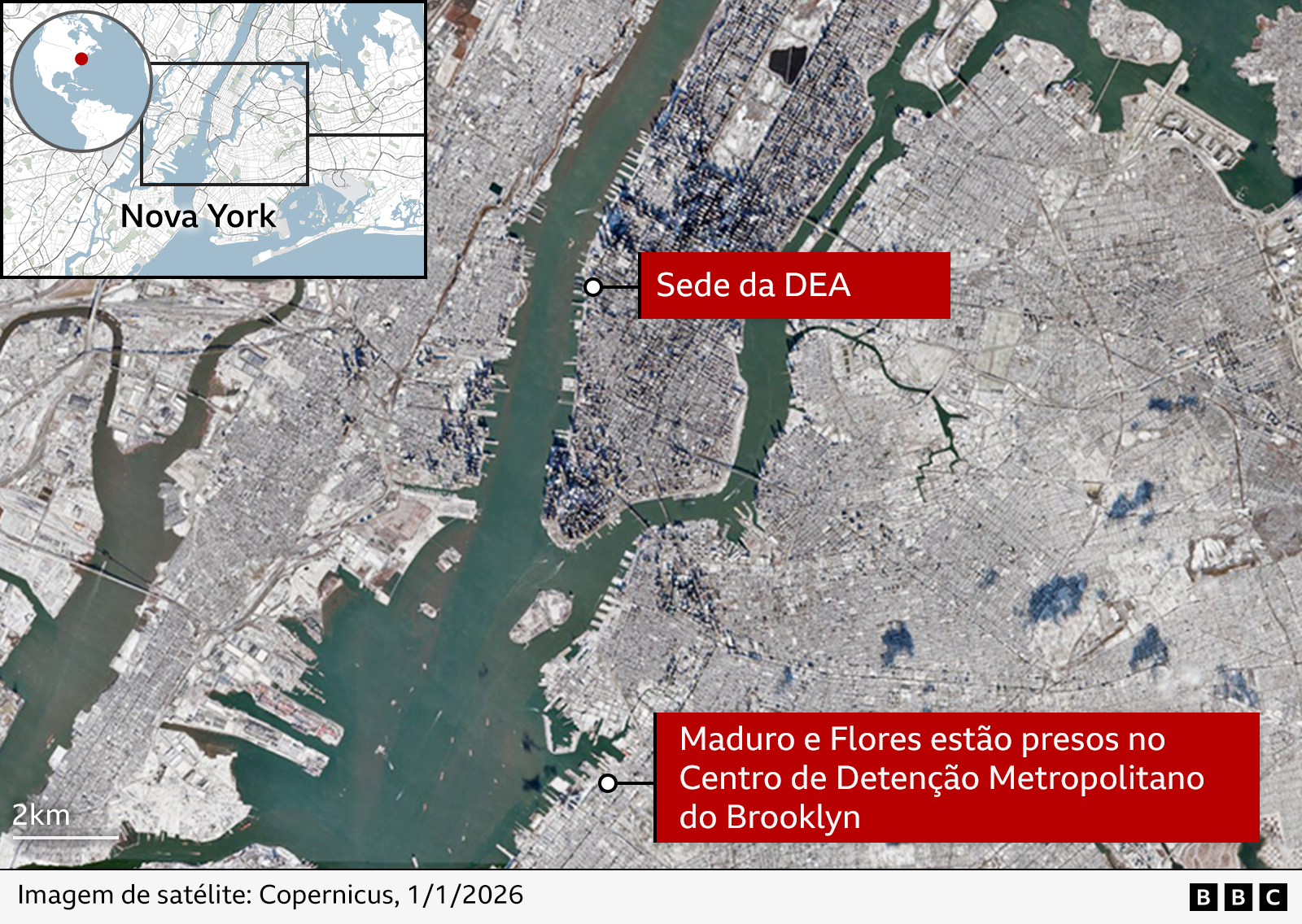 Mapa de Nova York mostra 2 pontos: - Sede da DEA - Maduro e Flores estão presos no Centro de Detenção Metropolitano do Brooklyn