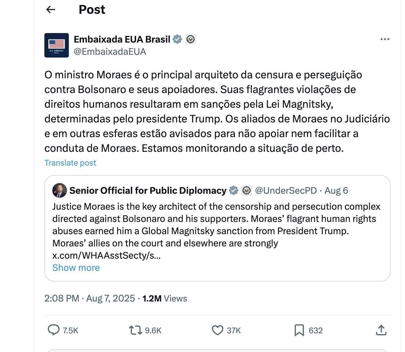 Print de post da Embaixada dos EUA no Brasil feito no dia 8 de agosto, no X