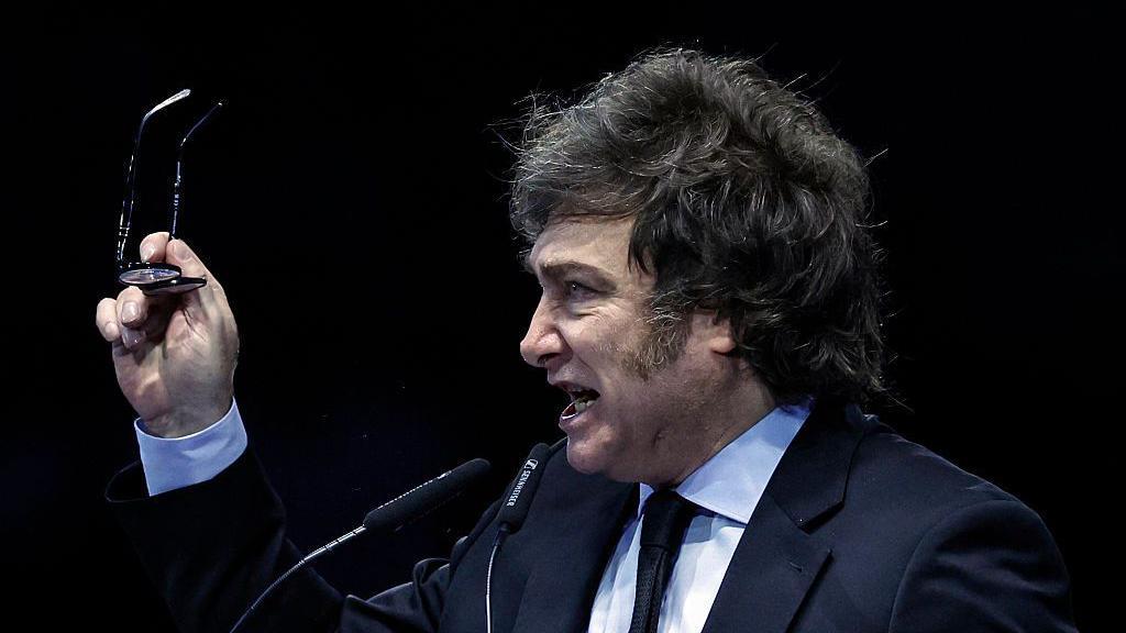 Javier Milei de perfil y con unos lentes en su mano derecha.