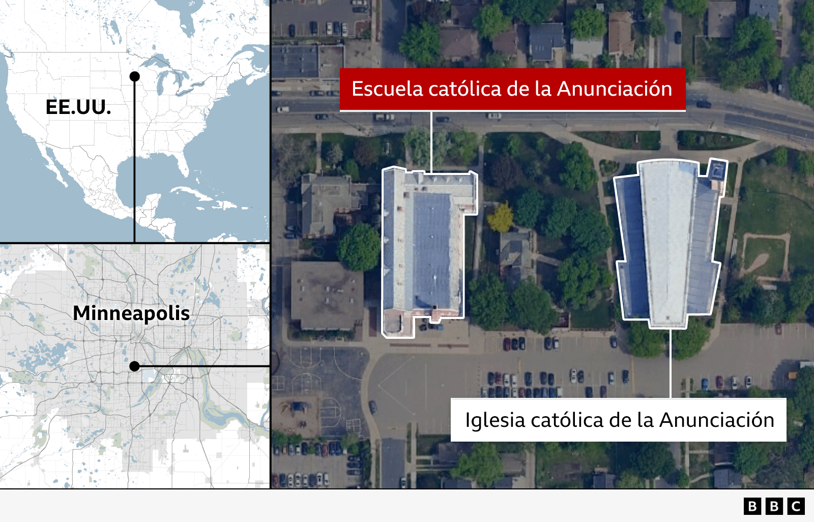 Mapa de la ubicación de la escuela y la iglesia atacada.