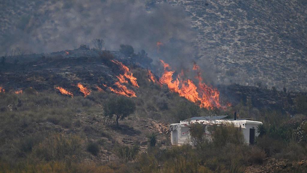Una imagen tomada el 10 de julio de 2026 muestra llamas en una colina junto a una casa, en la zona de un incendio forestal que causó la muerte de 11 personas cerca de Bédar, en el municipio de Los Gallardos (provincia de Almería).