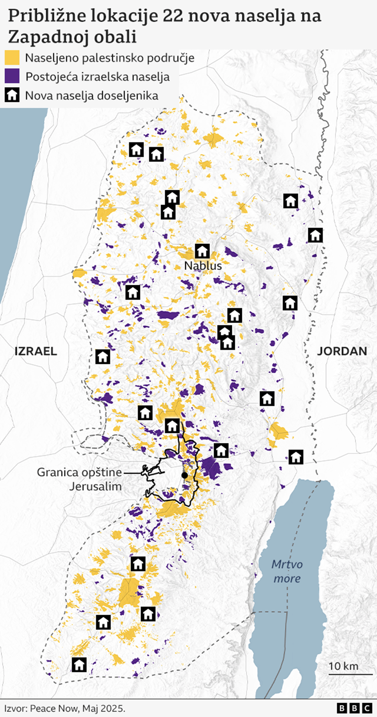 Mapa Izraela i Palestine koja prikazuje naseljena mesta na okupiranoj Zapadnoj obali