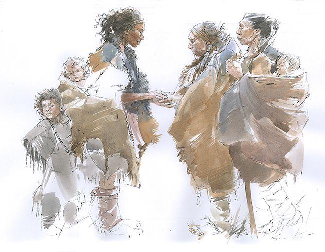 Ilustración que muestra el momento del encuentro entre denisovanos y Homo sapiens.