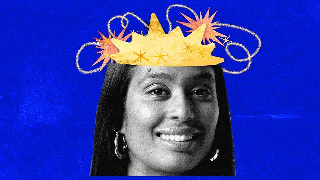 Ilustración de una mujer con cabello largo y oscuro, sobre cuya cabeza aparecen formas abstractas de estrellas y líneas onduladas en tonos amarillos y naranjas, sobre un fondo azul intenso.