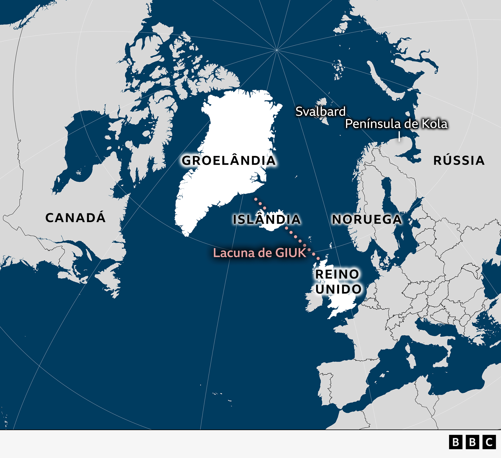 Mapa mostra localização da Lacuna GIUK entre Groenlândia, Islândia e Reino Unido