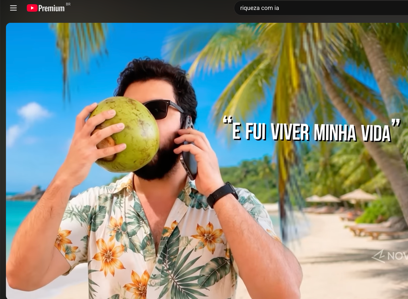 Canal no YouTube promove uso de IA para obter dinheiro com v&iacute;deos; imagem mostra youtuber na praia, em imagem gerada por IA