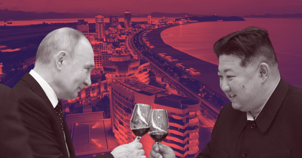 El presidente ruso Vladimir Putin brinda con el líder norcoreano Kim Jong Un, sobre una imagen de una ciudad turística en Corea del Norte