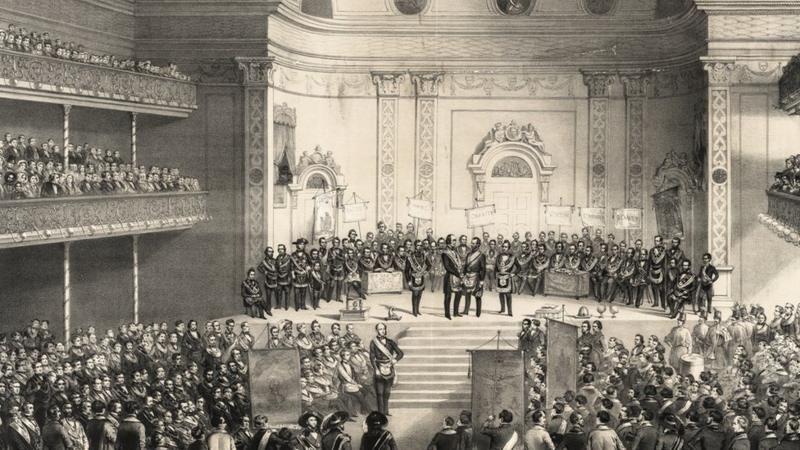 Una ilustración de una reunión de masones