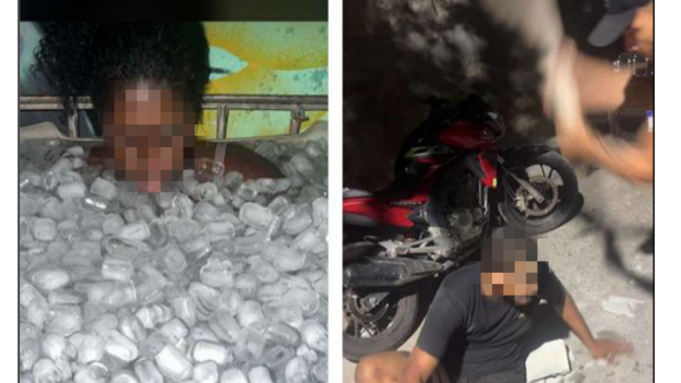 Mujer metida en hielo y hombre en el suelo