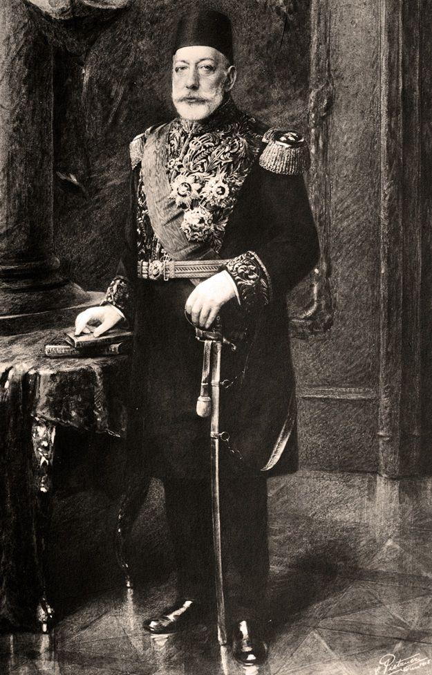 Mehmed V Reshad, de barba blanca, está parado al lado de una mesa. Una de sus manos reposa sobre unos libros y la otra sostiene lo que parece ser una espada que toca el suelo. Viste un elegante traje militar y lleva puesta un tarboosh