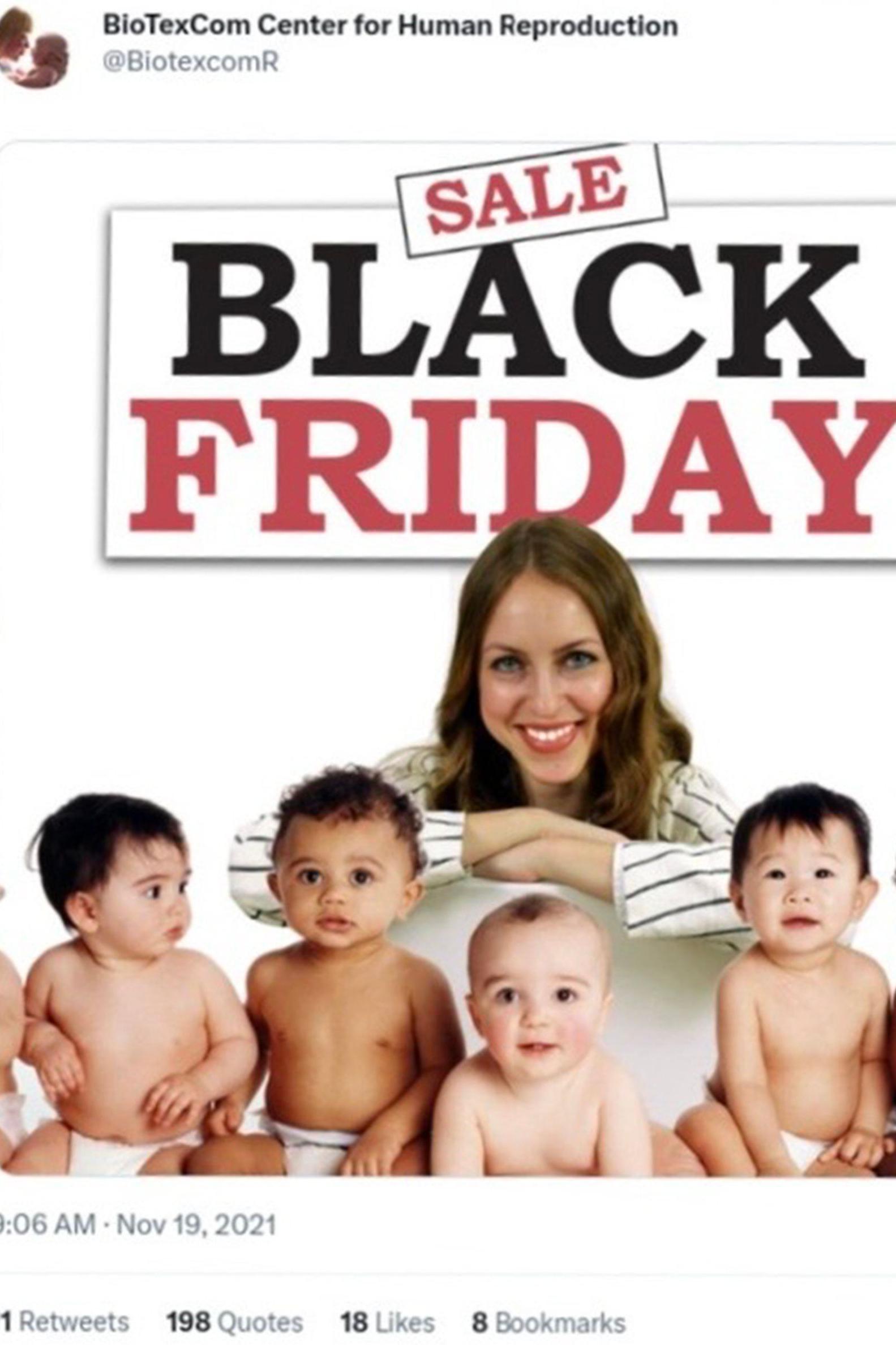 Un anuncio en redes sociales con las palabras REBAJAS BLACK FRIDAY. Aparecen cinco bebés con pañales y una mujer detrás de ellos sonriendo. Tiene el pelo largo y castaño y lleva una camisa blanca con rayas azules.