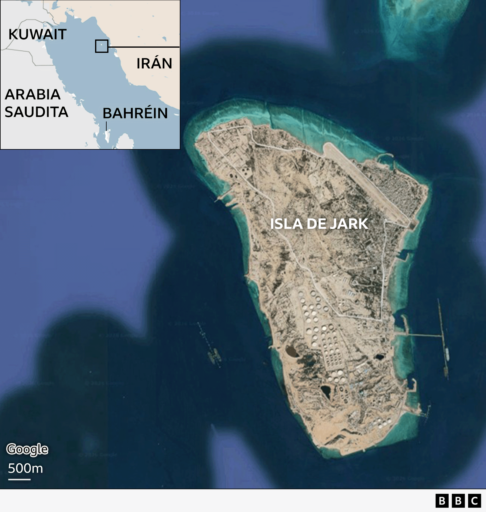 Mapa de Medio Oriente que muestra a Irán, Kuwait, Arabia Saudita y Bahréin, con un acercamiento a la isla de Jark.