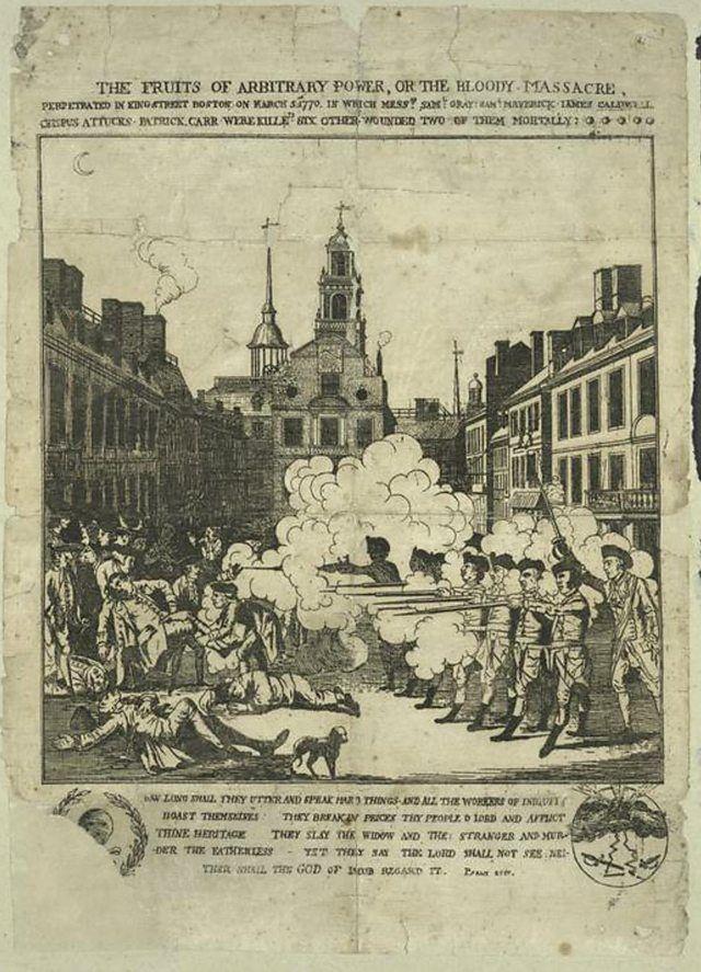 Ilustra&ccedil;&atilde;o em preto e branco do Massacre de Boston