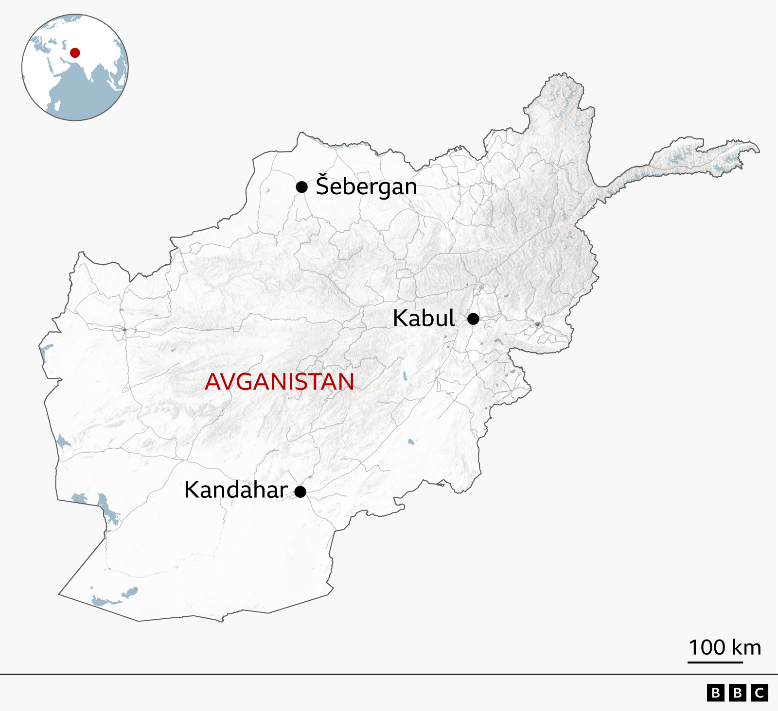 mapa Avganistana, gde su Kabul i Kandahar u Avganistanu