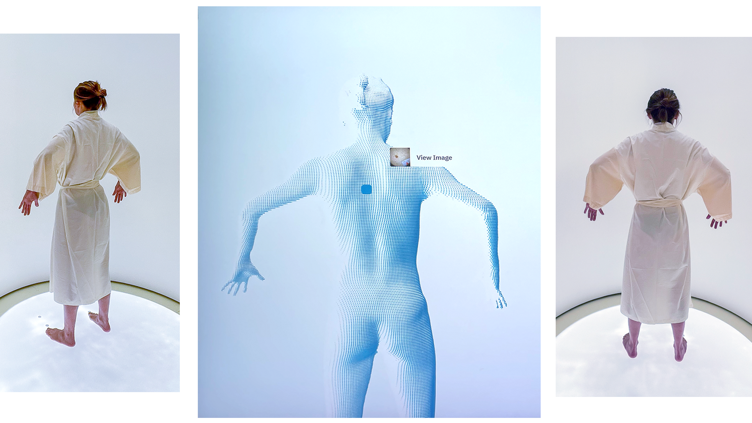 Tres imágenes de una mujer tomándose un escáner corporal total. En el centro, la visualización digital de su cuerpo 