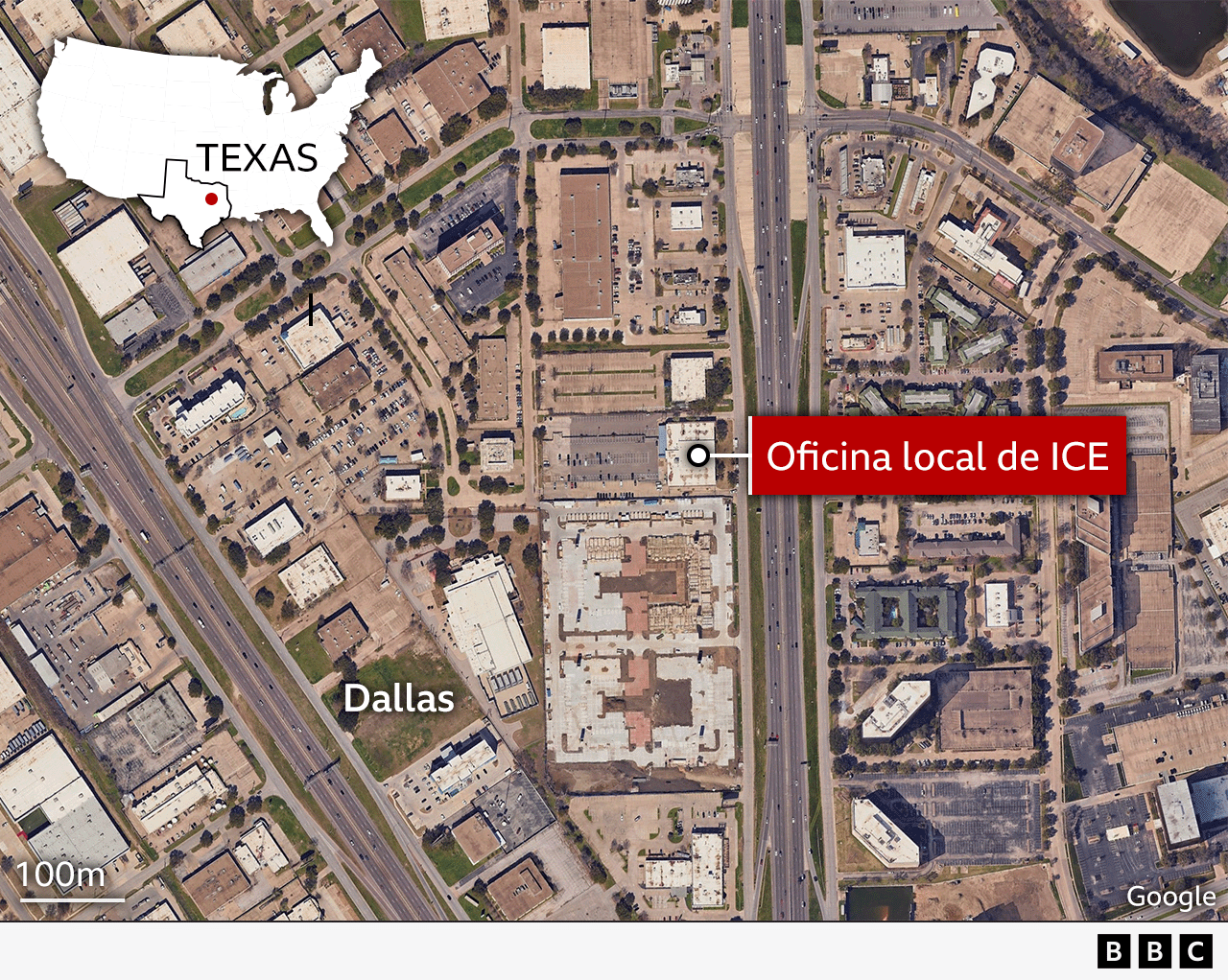 Mapa que muestra la ubicación de la oficina local del ICE en Dallas, Texas.