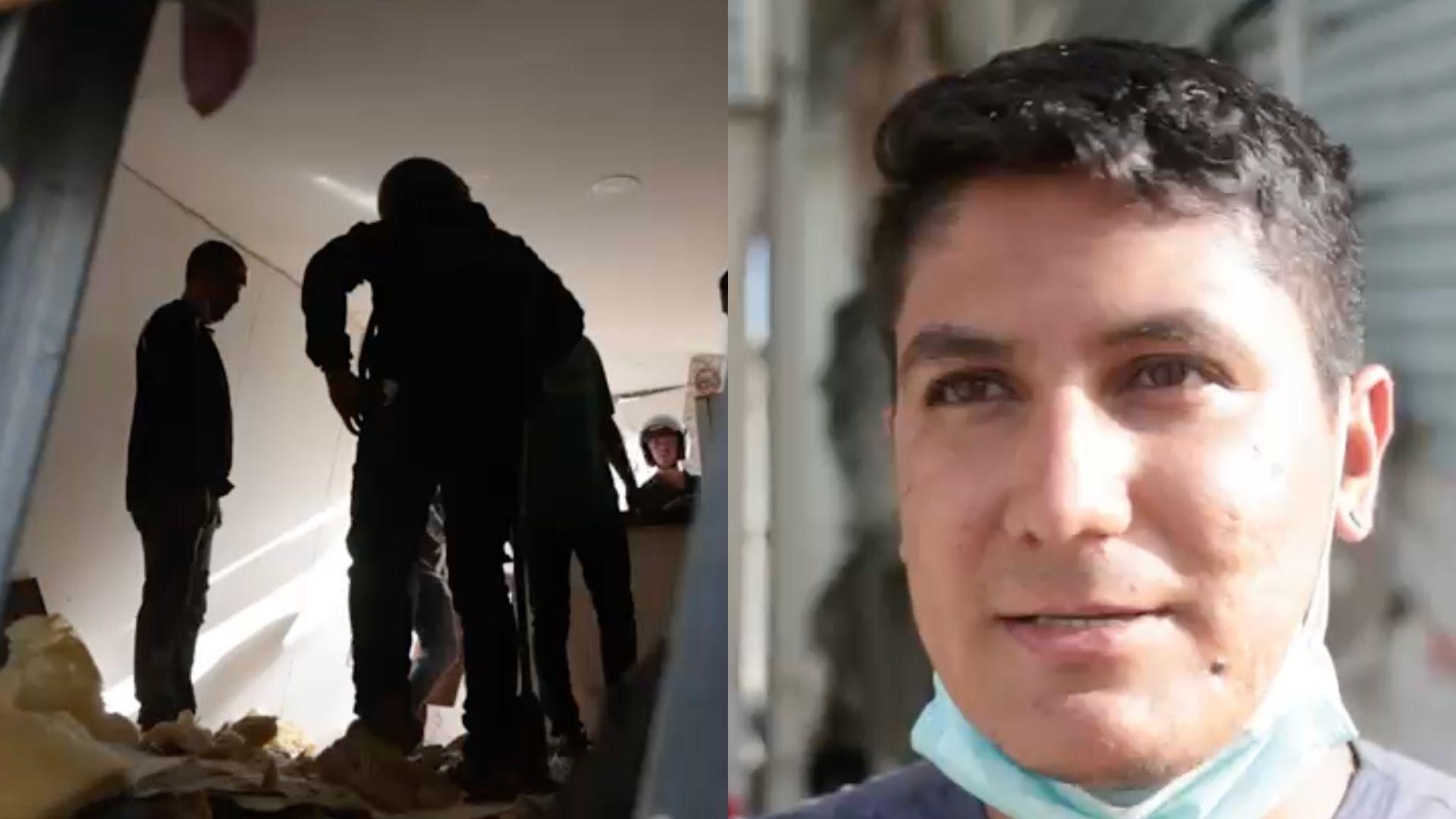 Dos fotos, una donde se ven rescatistas, la otra, la cara del primo de Carlos Eduardo con una mascarilla quitada, alrededor del cuello. 