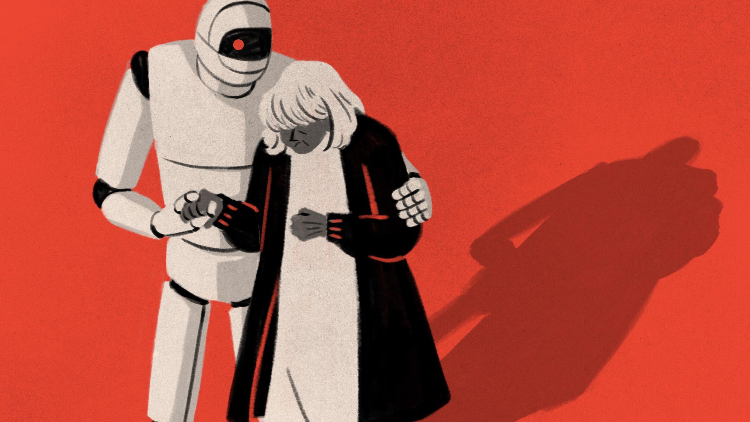 一張機器人的素描圖，它的手臂摟著一個人。